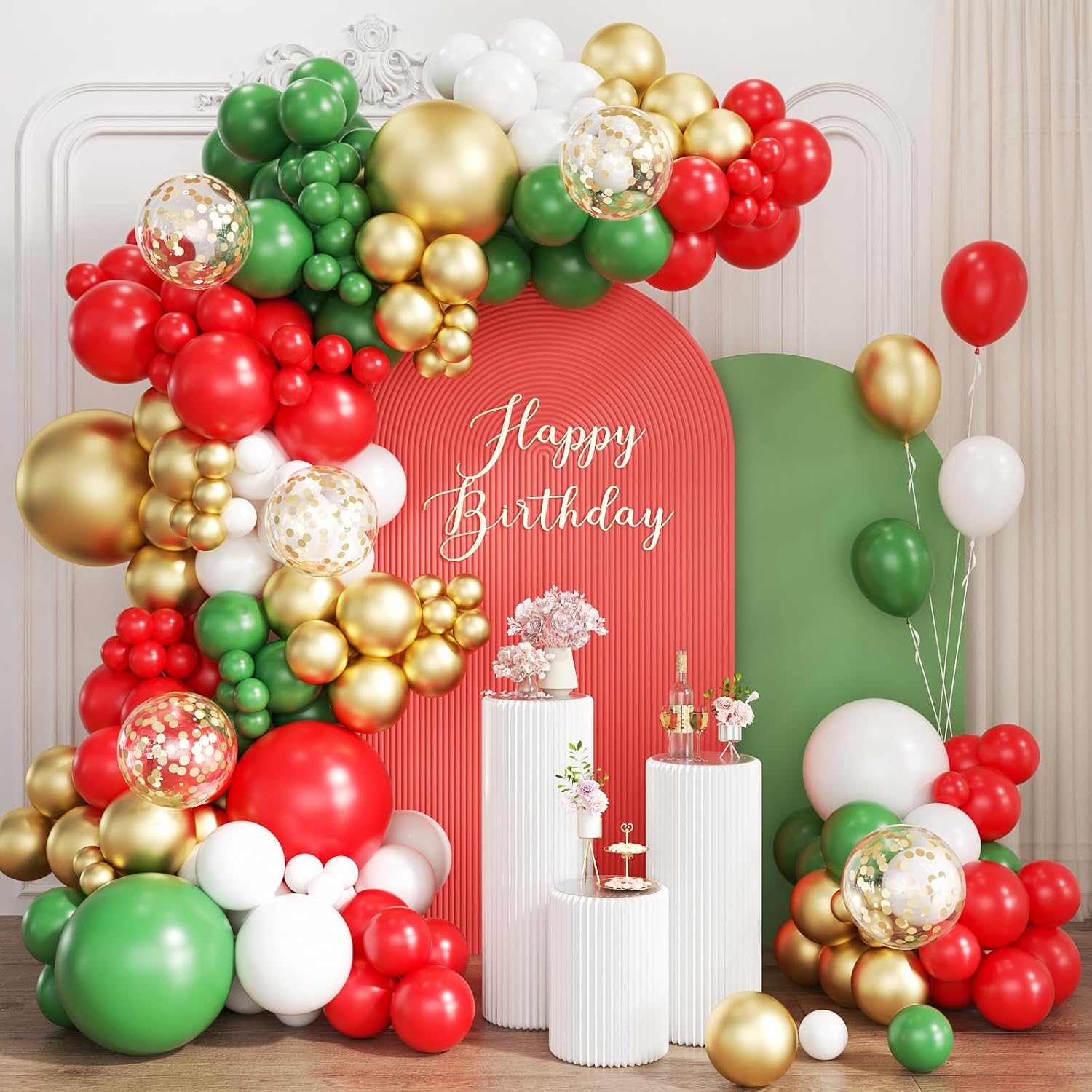 Balloon Arch Kit - ชุดลูกโป่งสีแดง ขาว เขียว และทอง, 167 ชิ้น