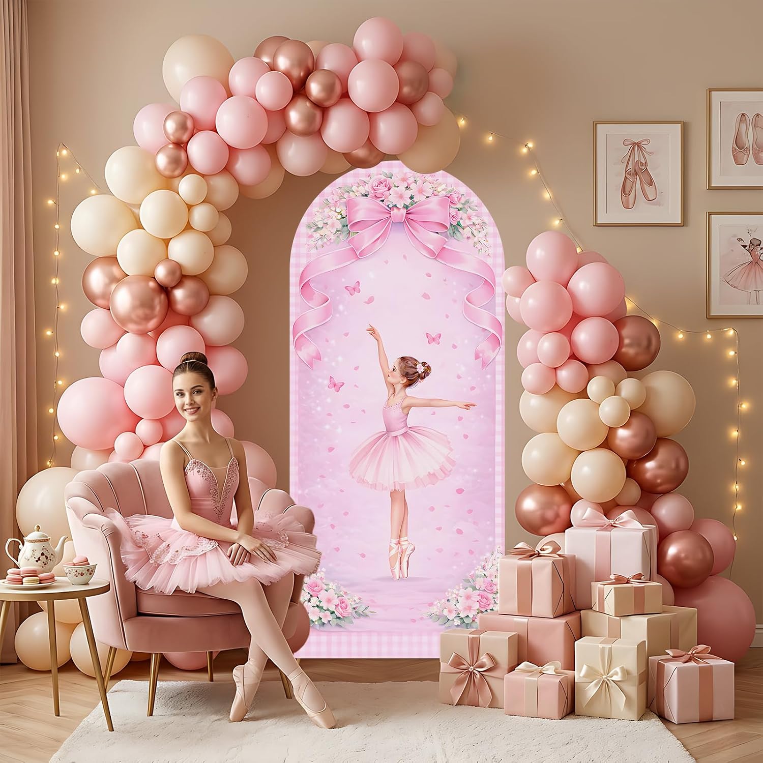 Dessert Table Backdrop - ผ้าคลุมฉากหลังแบบสองด้านลายบัลเลริน่า สำหรับตกแต่งงานวันเกิด โบว์สีชมพู สาวน้อยนักบัลเลต์ ลายดอกไม้ ฉากหลังโต๊ะขนมวันเกิด
