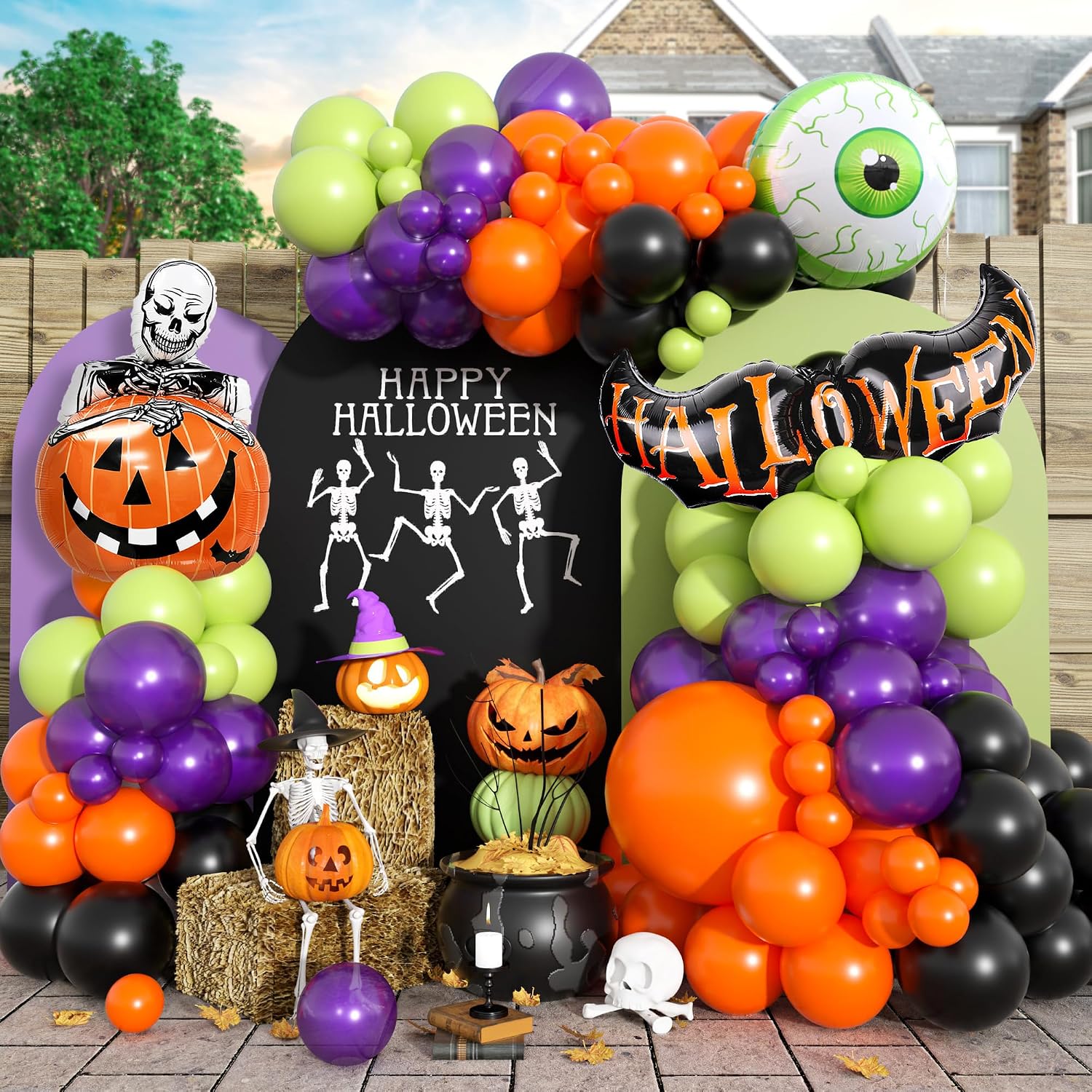 Balloon Arch Kit - ชุดลูกโป่งตกแต่งซุ้มโค้งสำหรับฮาโลวีน, ชุดลูกโป่งซุ้มโค้งสีส้ม เขียว ม่วง พร้อมลูกโป่งฟอยล์รูปตาผีสีเขียวขนาดใหญ่และหัวกะโหลกค้างคาว ฟักทอง,